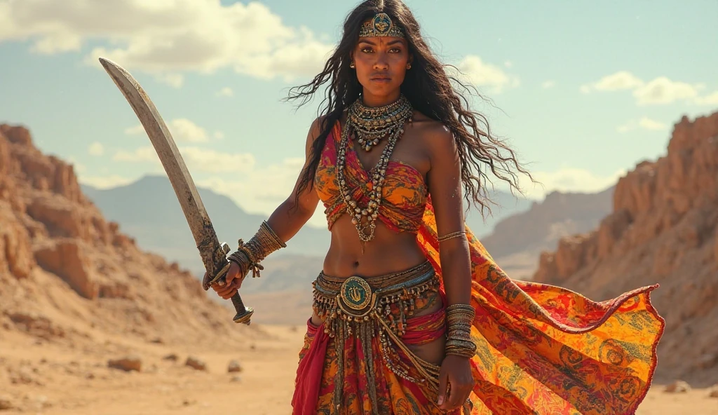Beautiful Cherokee Indian woman with beautiful orange headdresses, red and beige.
