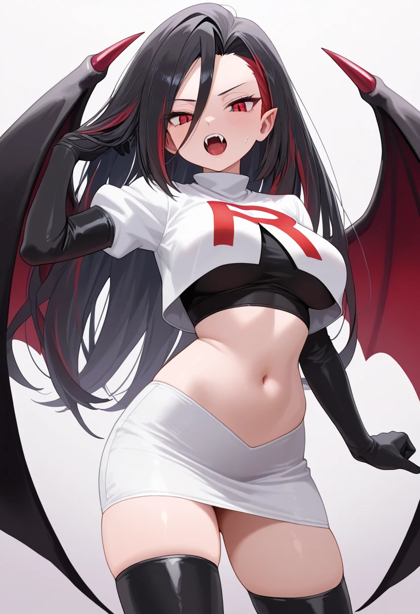 1 girl, pale skin, gray shoulder shirt with black stripe, with black panties, black socks, devil tail, black hair with long bangs, straight black horns, big boobs, with red eyes and big lashes, with sexy poses