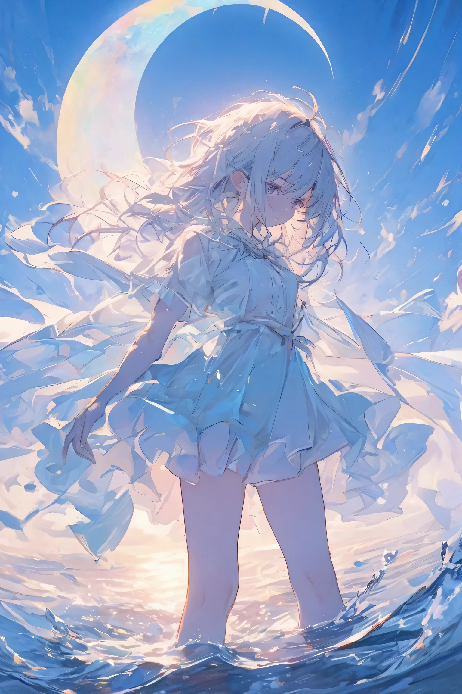The dynamic scene captures, sunset,
1girl,standing,sadness,
on the water surface,reflection,
rainbow crescent moon,
(((blue water and blue sky background))),
masterpiece,ultla detail,8k,
perfect hands,perfect finger,