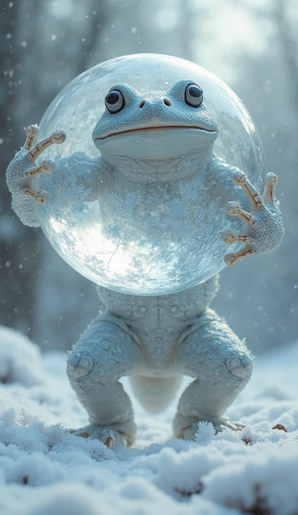 Ice sculpture contest、Giant ice sculpture of a frog、The back of a small one looking up