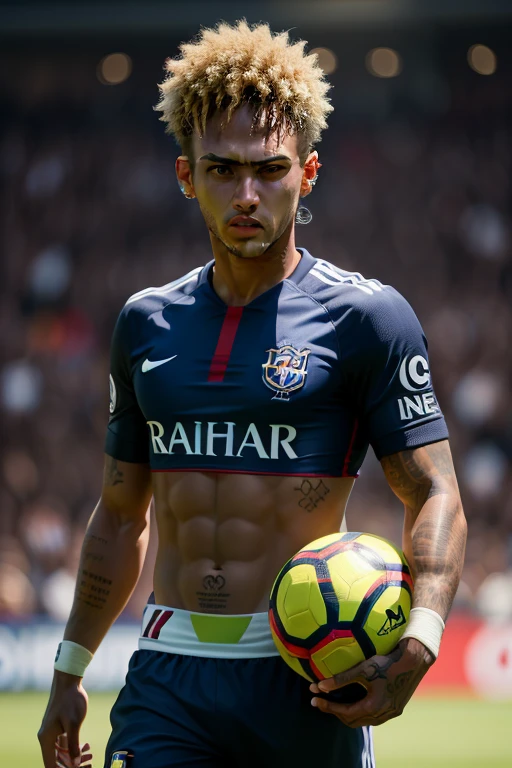 Neymar with the ball on his chest in front of the goalpost with a tiny mohawk hair tattoo