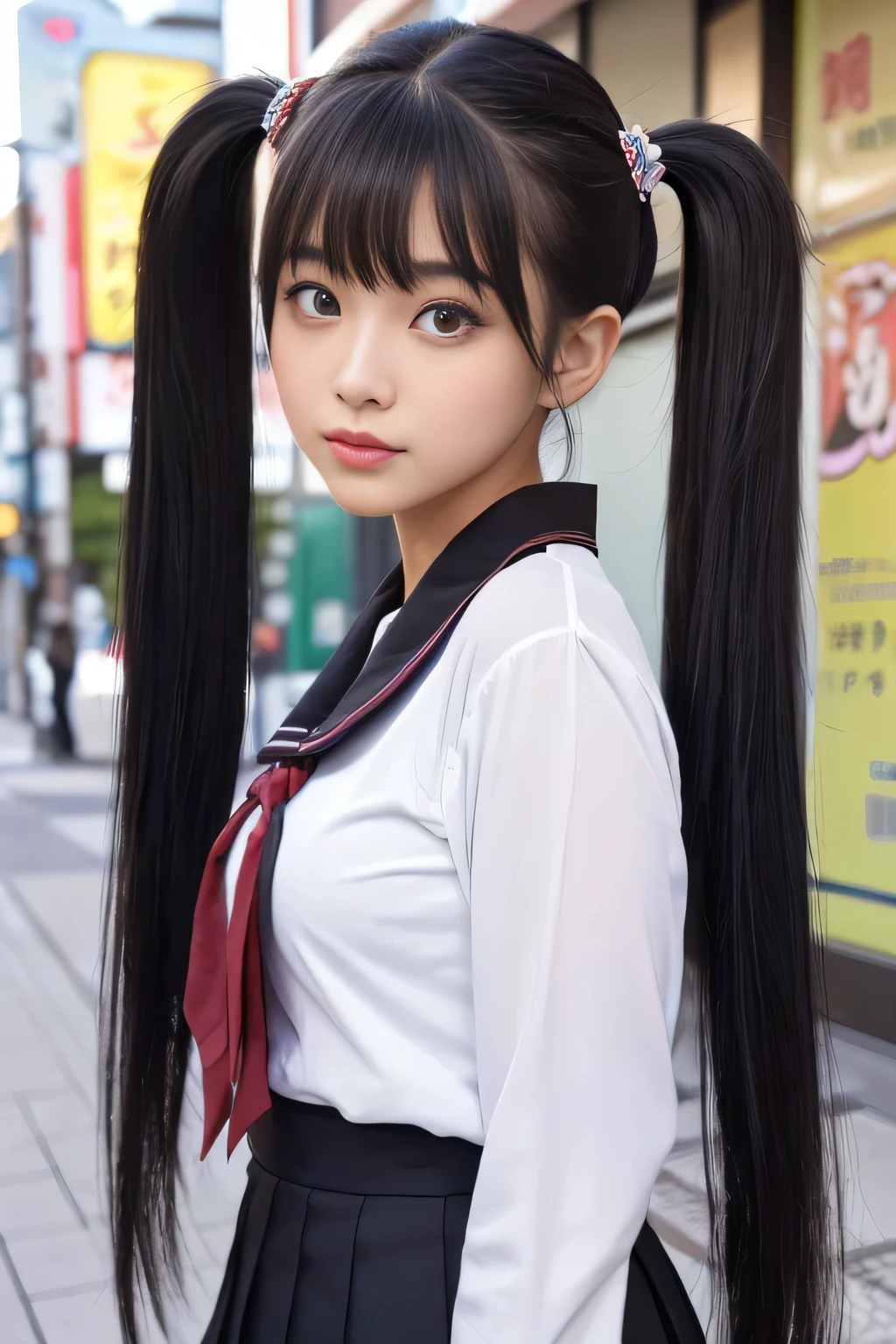 (It was a perfect shot from knee to head)(I photographed a female high school 3rd student in a spring park)(She is wearing a Japanese girls' high school uniform and posing as a model in the downtown area)(The perfect face of the most beautiful Japanese female high school 3rd yeardent)(Best Quality)(masterpiece)(Get used to it)(Best Details)(4K)(erotic makeup)(happy expression)(perfect sexy face)( perfect double eyelids)( she has Asian eyes )(cinematic quality)(Arched eyebrows like a makeup model)(Beautiful black mascara)(cute red lipstick)((neatly arranged、cute bangs that naturally hang down at an angle))((Japan's Straightest and Most Beautiful Black Hair))((super long twin tail :1.3))(Shiny and beautiful hair!!)((Beautiful hair with the straightest twintails in Japan!!!))(thick, healthy, beautiful hair)(Beautiful swaying hair )(Japan's most beautiful hair)