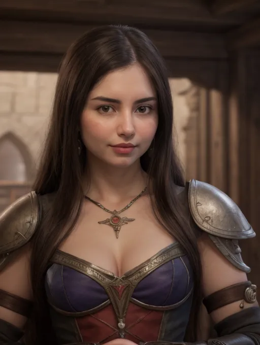 (best quality, highres:1.2), ultra-detailed, realistic, portraits, vibrant colors, studio lighting, long hair, black eyes, pink lips, beautiful detailed eyes, beautiful detailed lips, closed mouth, smile, warrior clothes, sword, weapon, solo, upper body, looking at viewer