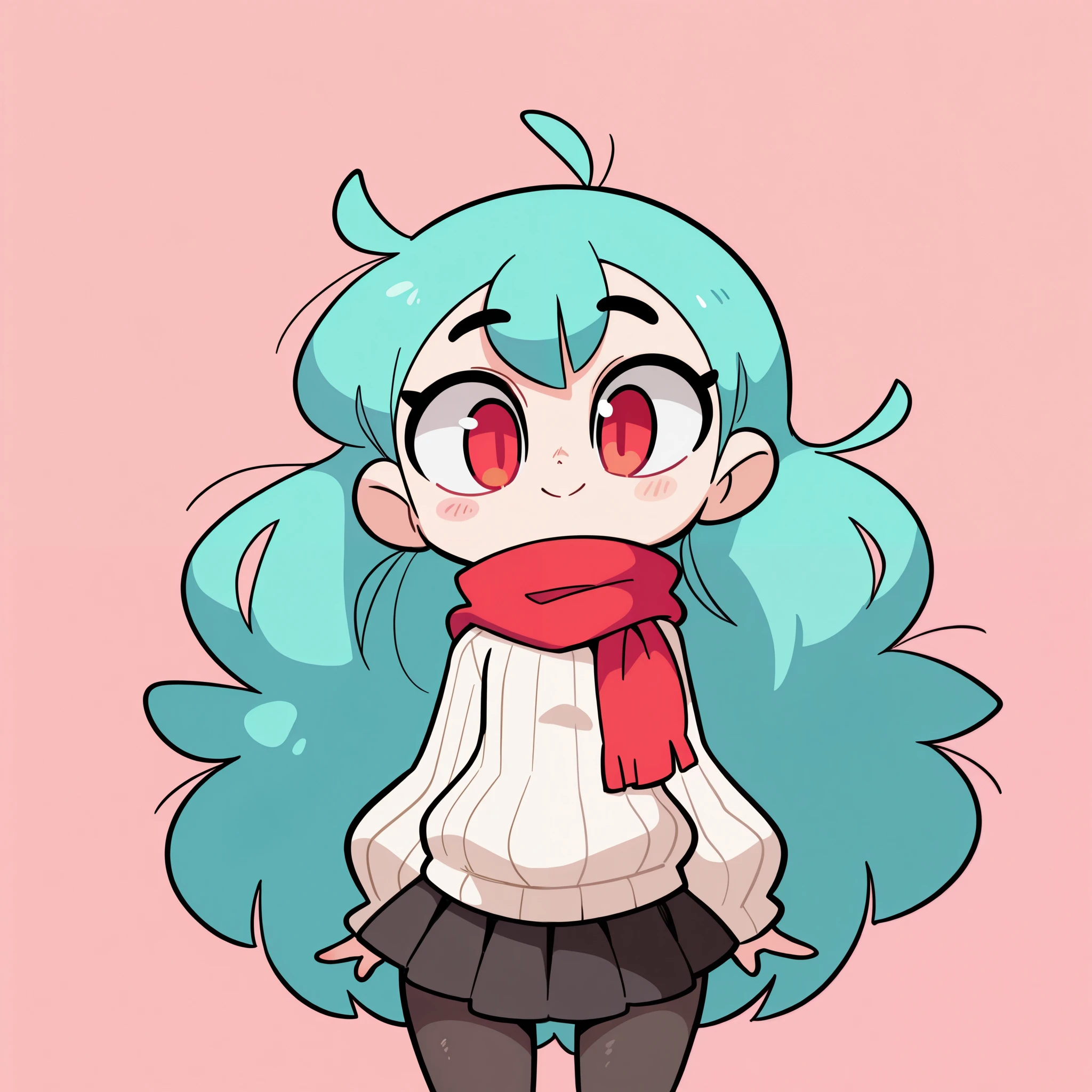 1girl, li, solo, very long turquoise hair, red eyes, red scarf, white ribbed sweater, black pleated skirt, black pantyhose, blushed, smile, cute, standing, looking at viewer, simple background, from the front view, diives