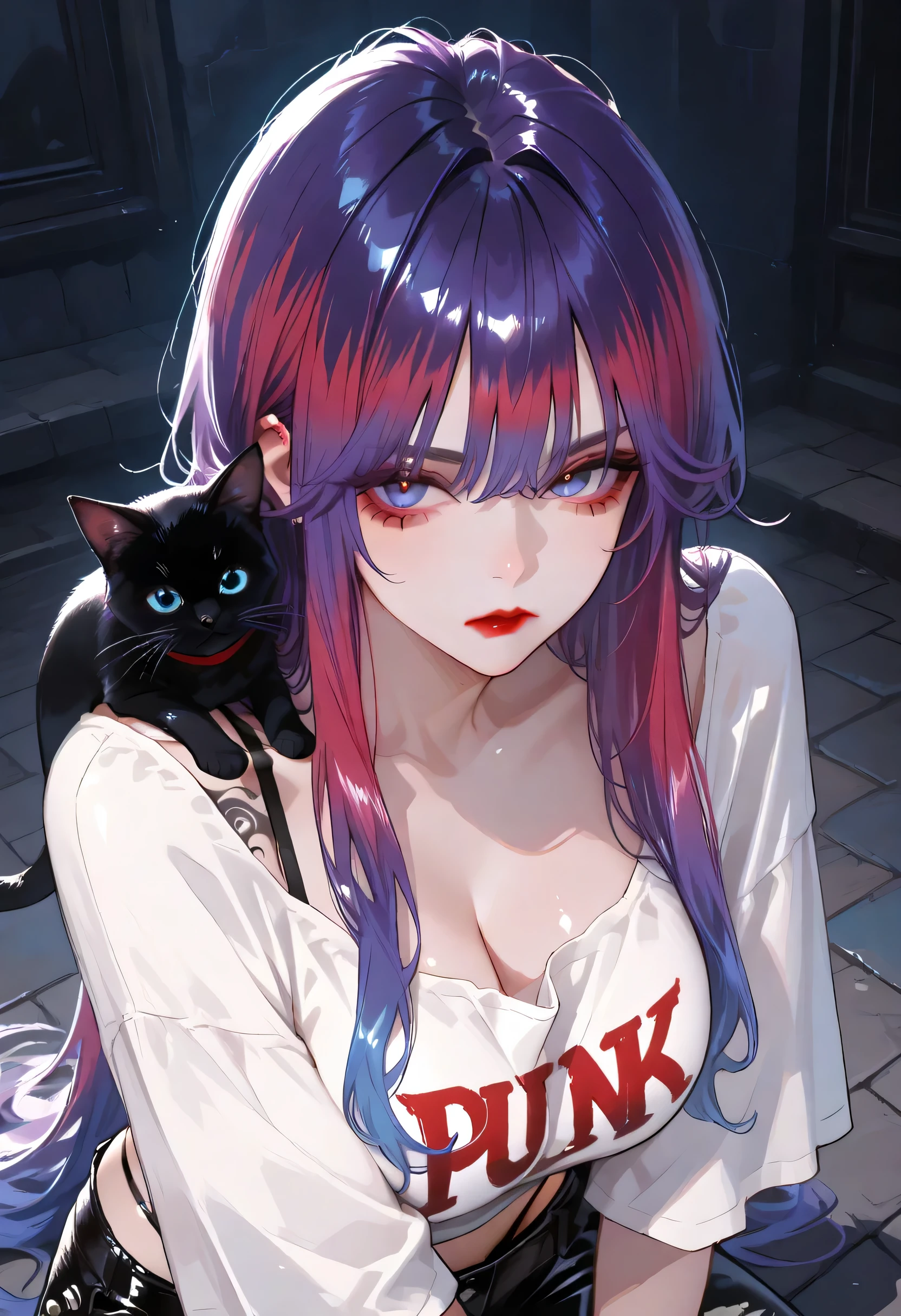  portrait of a 21-year-old woman , (big breasts:0.9), tattoo, (( punk style fashion))) ,(  BLOUSE GROWING DOWN ,loose tee, lean forward,) long hair, Woman with violet hair and blue eyes, Close, gentle face, disheveled hair, shiny hair, isometric style plateau, Ideal Body,  Perfect Eyes, Princess Look  , perfect hand,  clear highlights ,  Perfect Eyes, thong pants, Black cat on the shoulder , Serious face, (( red lipstick  )),Best quality 