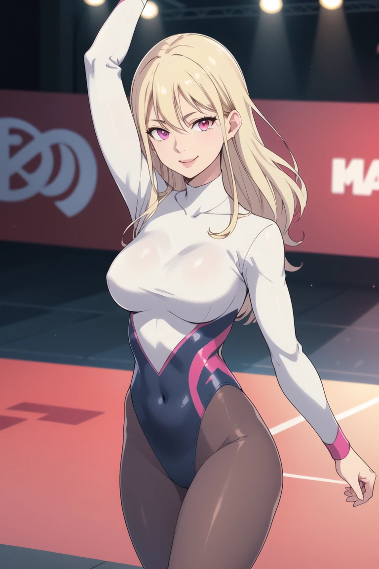 ((masterpiece:1.2, best quality)), 1aldy, Solitary, (Gymnastics suits), Platinum Blonde, Long hair, (top view, Front focus, Look straight ahead), (forehead), jump, Above the waist, Ponytail, Big , us:1.1