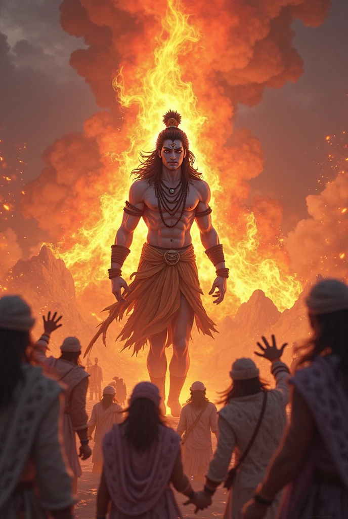 Shiv bhagwan in lion's skin dress only in legs, in one hand trishool, in second hand showing hands to humans, and humans is wanting to shiv bhagwan shiv bhagwan on temple
