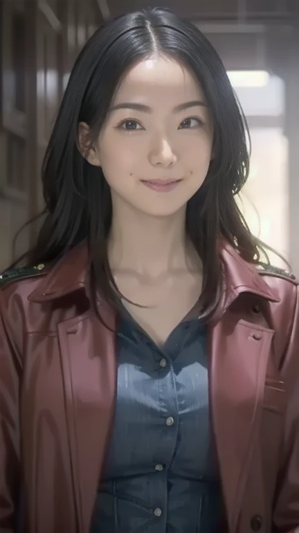 Portrait of a Beautiful Female Model by Nathap., Georgia Fowler,     beautiful face,       long green hair  , Cyberpunk City Afternoon. She is wearing a red long coat.,       jeans negros      ,    dramatic lighting, (Police Badge:1.2)