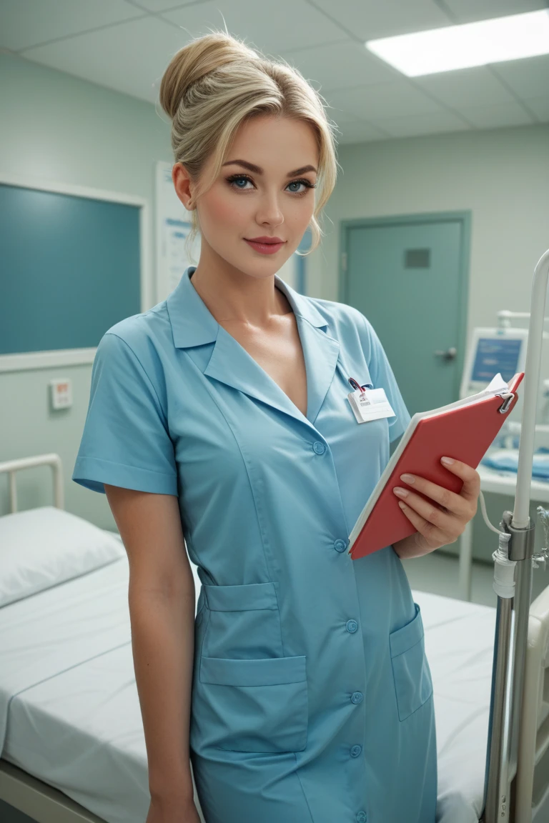 A Realistic Portrait of a teenager girl (Lady Oscar), 16 years old, as surgical nurse, Beautiful, detailed face, detailed eyes, (realistic skin:1.3), (pale skin:1.1), (textured skin:1.3), (()), big smile, (iphone photograph),), (artificial lighting:1.3), looking at the camera, perfect slim body, amateur Photography, Photorealistic, Detailed, analog, poor quality, grainy, standing in Operation room , , (perfect small breasts:1.1) 17 years old, standing in operation room, perfect body, pale skin, beautiful face, big smile, detailed face, wearing ultra soft and ultra light slight dark teal women hospital scrubs, dark teal hospital scrubs, wide angle showing full body, hospital ward, people, bokeh wearing dark-teal surgical scrubs, wide angle, showing full body, short blonde hair tied up, hair bun, hair tied as chignon, holding black rubber-baloon in right hand