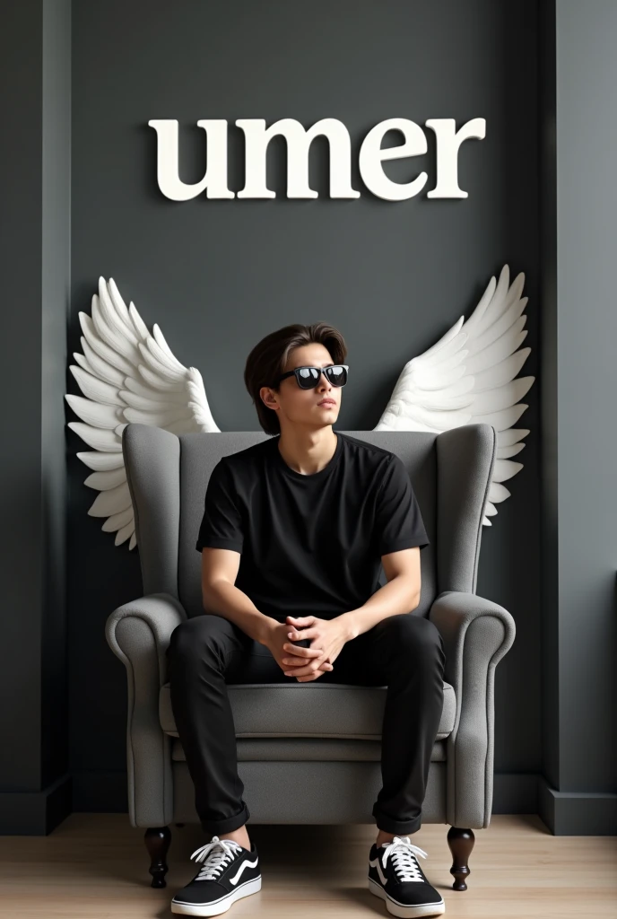 Create a 3D illusion picture where a boy in a black shirt sits casually on a Wingback Chair. Wearing sneakers, a black cricket cap, and sunglasses, he looks ahead. The background features "v.k" in big and capital white fonts on the black wall. There should not be his shadow, and there are wings to make it appear as if he is an angel