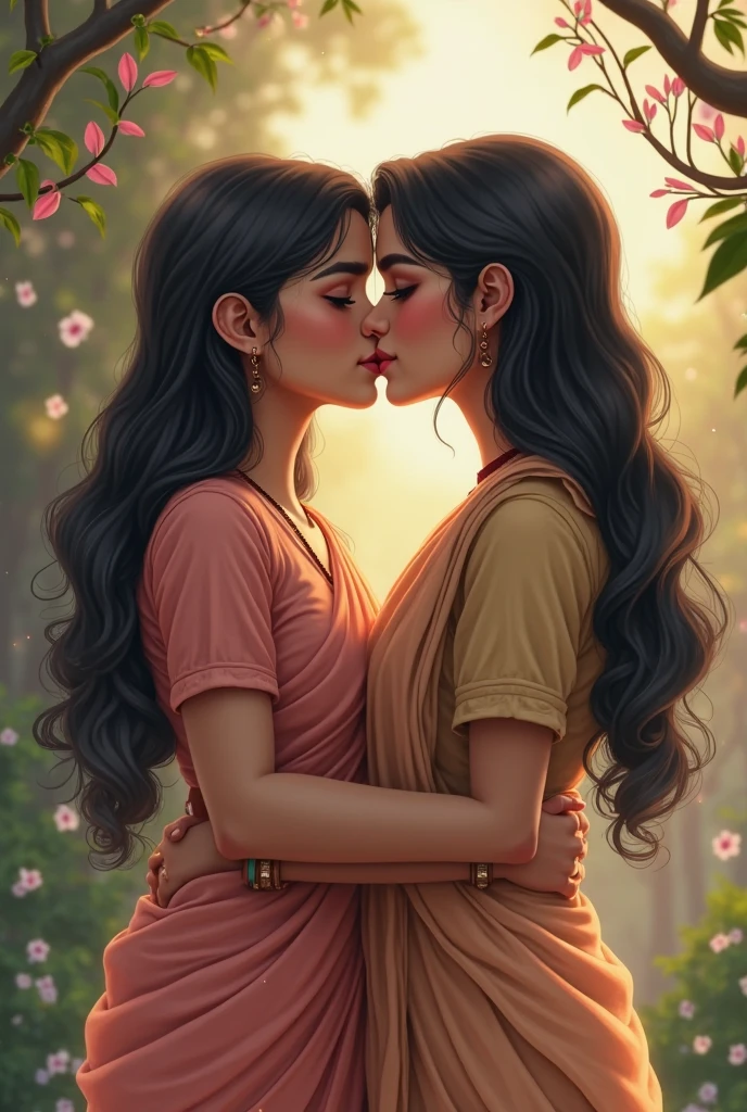 In the road, two mature indain ladies in sarees,kissing,their straight bottom curl bob length hair made in to scalp curl slick multiple small small ponytails are 10 liters of oil poured over their hairs making slick shinning like mirrors,tongues are highly visible,Hairs strictly as per image,Stricly as per the image,