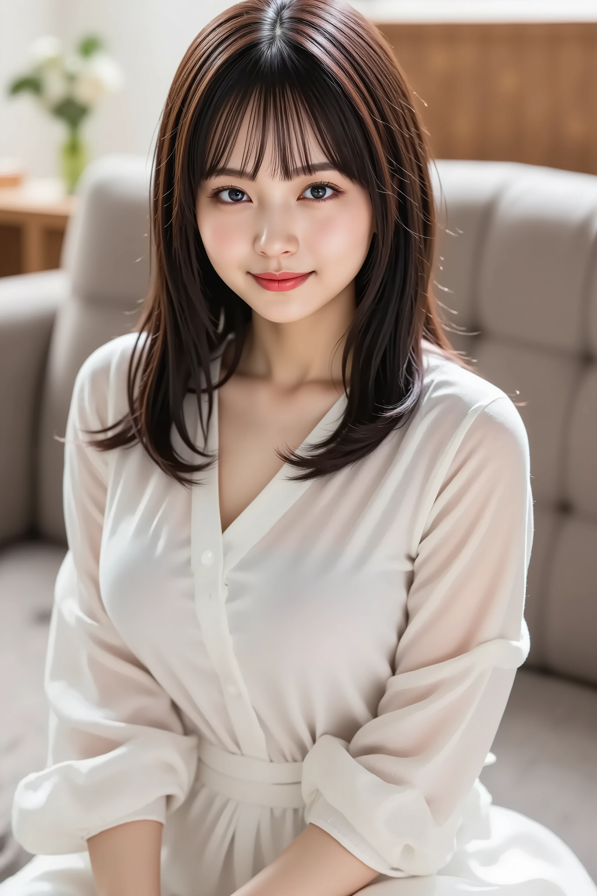 masterpiece, A state where the face is placed in the center, fine, clean skin、Chori blouse, sofa background、long black hair, Bangs, smile, 8k, Big Breasts