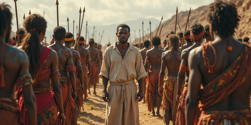 Five half-naked African slaves tied with a rope, descendant un escalier, tristesse dans les yeux, Whole naked body chained with wrought iron chains, no clothe, pas de coiffe, cheveux noirs, Dynamic scene from the movie Amistad, looking at the 50mm camera, Realistic photo HD, Diffuse light, Rebel Republic Environment, , hyper detailed, Whole size, Plusieurs hommes et femmes esclaves debout, loin cloth, esclaves, Himba, corps entiers, all are chained, chaines en fer, Hands tied with a large rope, Homme africain, Enslaved humans, Screenshot of movie 300, Samuel Jackson, africain, The man has black skin, Scene from the movie Amistad, dark-skinned, pagne