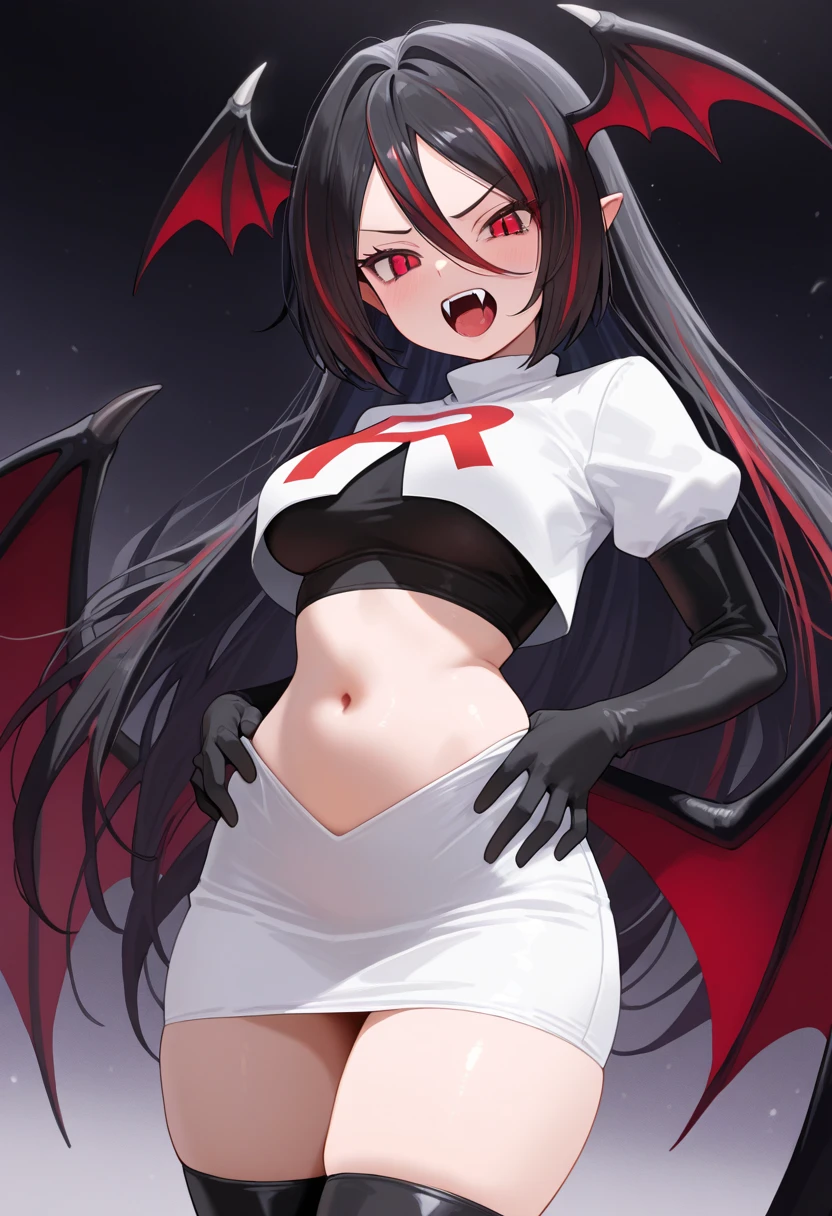 Default, RegensburgOutfit, 1girl, solo, wings, looking at viewer, blush, bangs, parted lips, demon wings, team rocket,team rocket uniform,white skirt,red letter R,crop top,black thigh-highs,black elbow gloves
