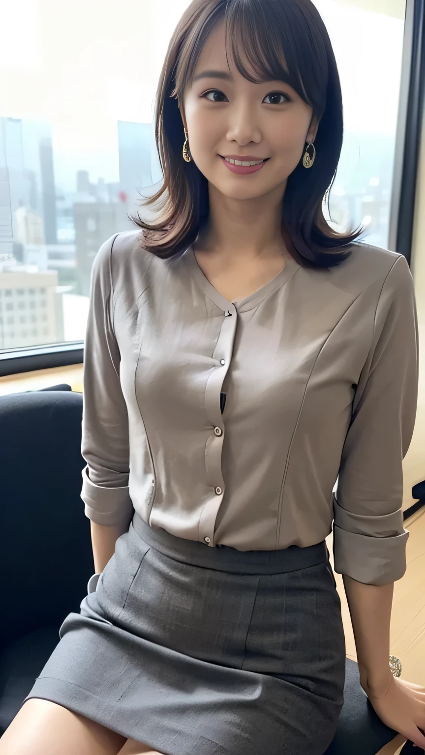 (Japanese office lady 、25 year old japanese woman:1.2)、one woman、Extremely Beautiful Women、chair、(gray business suit、 black business suit、suit skirt:1.3)、natural makeup、Beautiful Legs、simple earrings、At the company office、 office with desk and chair 、Office with Large Window