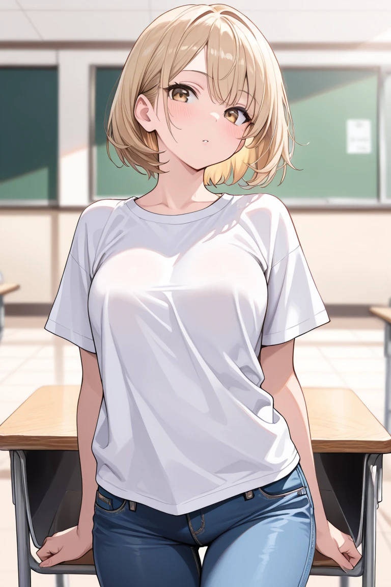 masterpiece, absurdres, best quality, ultra detailed, high Resolution, detailed illustration, bright colour, (extremely beautiful detailed face and eyes, Delicate beautiful face, 1 girl, cute face:1.3), (magenta eyes:1.1), sparkling eyes, big eyes, medium breasts, (perky breasts:1.1), (pointy breasts:1.1), medium hips, glamorous body, white skin, BREAK, long bob cut, (blonde hair:0.8), messy hair, detailed hair, shiny hair, BREAK (down blouse, Oversized t-shirt, String Panties:1.3), perfect lighting, (embarrassed:1.3), (ecstasy, vulgarity:1.5), (trembling:0.8), (capsule hotel:1.3), 