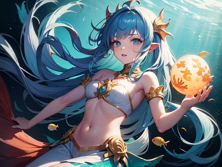 flat chests, nsfw, masterpiece, 1 girl, erect nipples, intricately detailed, topless, navel, bare shoulders, necklace, blue hair, embarrassed, loincloth, rock, gold trimmings, gold circlet, extremely detailed, photorealistic, octane render, 8 k, unreal engine, bare breasts, puffy nipples, closed eyes, carrying staff, blue gemstone, fantasy, enchanted, trident, magical, mage, bare stomach, sweaty, moist breath, child, arm strap, 1 side braid, atlantis, gold crown, underwater, swimming, gold arm strap, fish, corals, full body