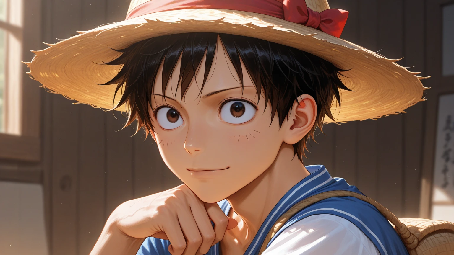 Anime boy with a straw hat sitting on the floor, Luffy, Luffy (one piece, Luffy de One Piece, Macaco D. Luffy, Macaco D Luffy, portrait of luffy from one piece, Papel de parede anime 4k, arte de anime limpa e detalhada, 4 k manga wallpaper, realismo de anime, inspirado em Eiichiro Oda, Anime Wallpaper 4k, 4k anime wallpapers, menino anime