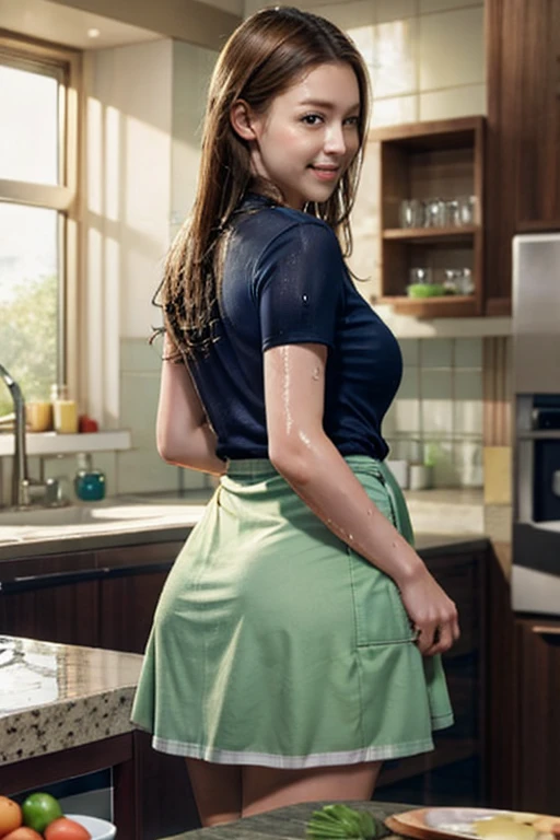 (masterpiece, best quality, Realistically, Movie, Ultra Detailed, 8k), ((Wide-angle lens, Full body female love)), 1 sister，kitchen，sexy apron，4K，Movie Lighting，soft light，Maximum chest，Lovely smile，Exquisite facial features，Light brown hair, Hair behind the ears, Pompadour hairstyle, curls, Medium Length Hair, Heart Earrings, Full body portrait，dynamic poses，Hot weather，Sweat all over the body，Wet，Sweat like a pig，Soaked all over，sweat，wet hair，untidy，Water flowing all over the body，fair skin，White and tender，Supple skin，White liquid coming out of lower body