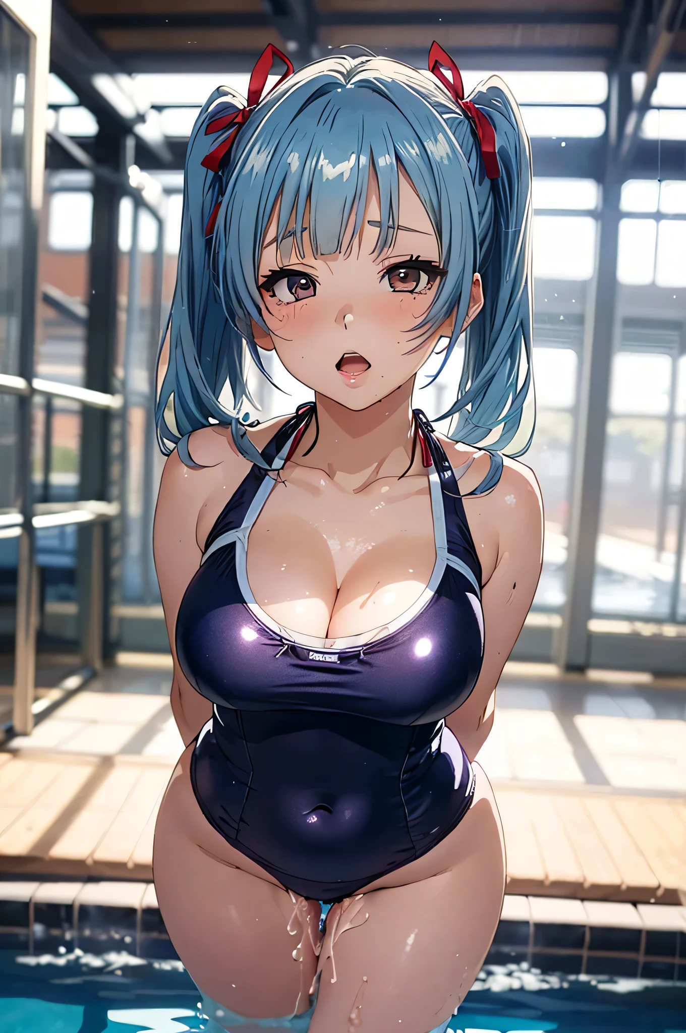 Hatsune Miku VOCALOID, Highest quality, masterpiece, Ultra-high resolution, (Realistic: 1.4), Big Breasts, Indoor Pool, RAW Photos, 1 girl, Light blue hair, Glowing Skin, Wet body, Dramatic lighting, whole body, (((Micro Bikini)), huge