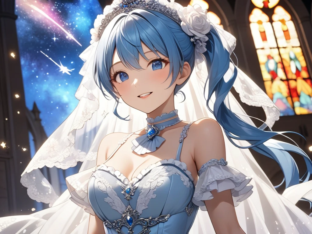 one woman, solo, masterpiece, whole body, Yelan, dark blue hair, wedding dress, white dress, perfect hands, mature, large breasts, white palace background