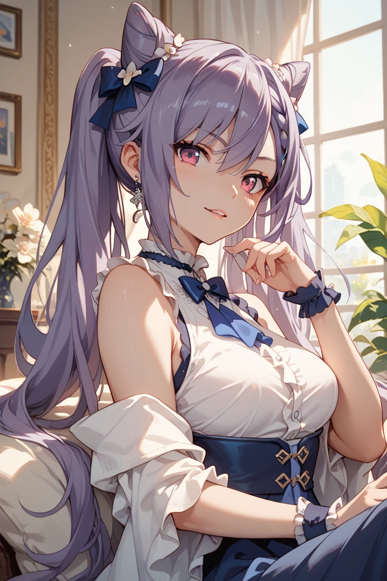 masterpiece, best quality, ultra detailed beautiful face and eyes,solo,silver hair,purple eyes,beautiful girl,(middle hair:1.5),(parted bangs:1.3),hairclip,large breasts,(Alice in Wonderland Dresses:1.5),(fantasy:1.4),happy,open mouth
