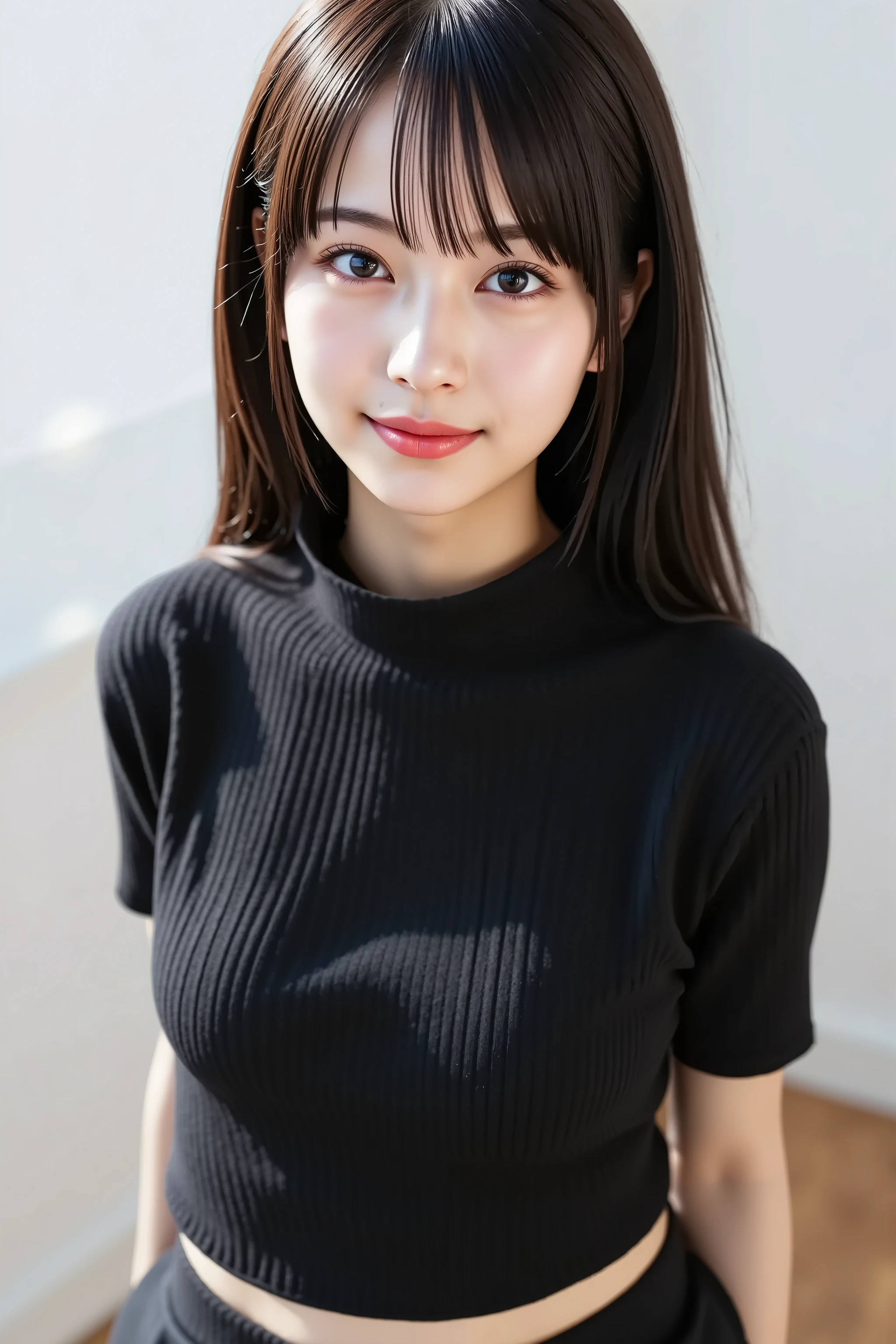 A close up of a woman with a black top and skirt - SeaArt AI