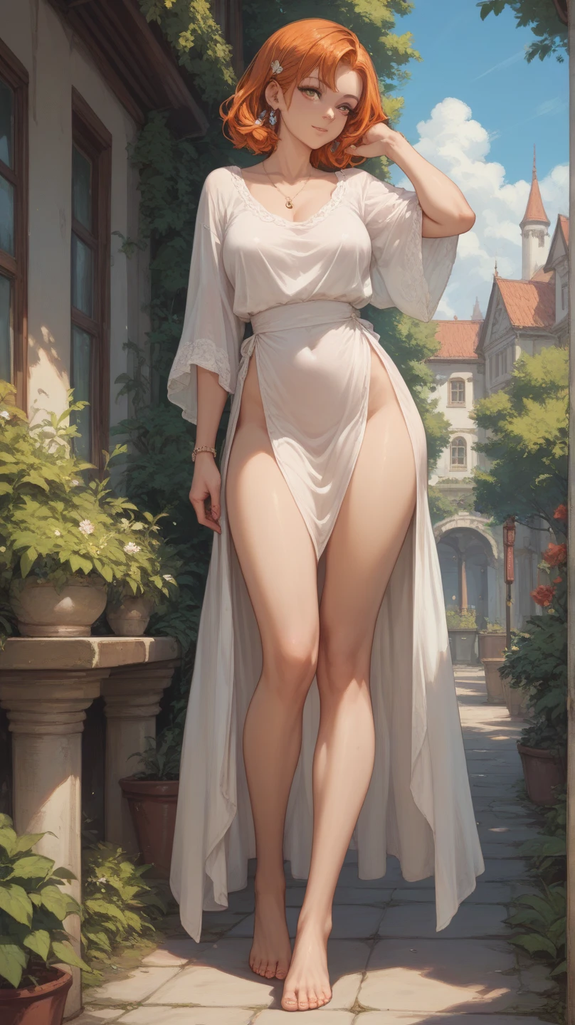 perfect body, nice , nude, nes, pur, short wavy hair, cute standing pose, mystical garden, morning sky, trees