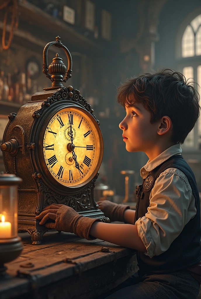"(a boy immersed in darkness, surrounded by a scary environment, tightly holding an antique clock, short business hair and short brown beard and a jinx cannon lol