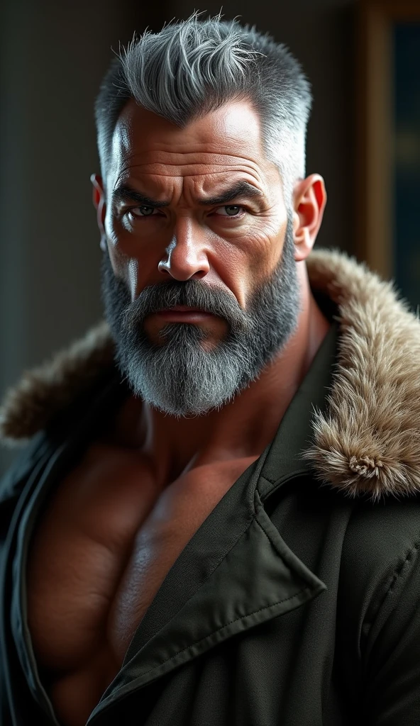 (extremely detailed 8k wallpaper), realistic photo of Robert Downey Jr as Victor Creed, Sabertooth from marvel comics, sharp claws, long white hair, white side burns, long beard, very hairy body, long nails, shirtless, fur coat, hairy chest, Intricate detail, High Detail, dramatic, evil smile, apocalyptic background, head room space, 8k, photorealistic, full body shot