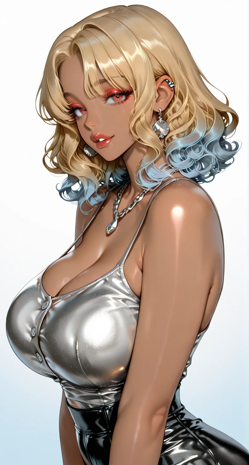 1girl, solo, (gorgeous woman) is a very sexy bimbo, light blue eyes, detailed eyes, topless, massive fake breasts, fake , plastic surgery, boob job, huge breasts, oversized , detailed areola, thick nipples, detailed nipples, cylinder shaped nipples, hourglass body, firm thighs, toned body, firm butt, camel toe, full lips, glossy lips, hyper feminine, long blond hair, parted on the side, smooth skin, leather choker with heart shaped pendant, White girl, fully naked, line art,