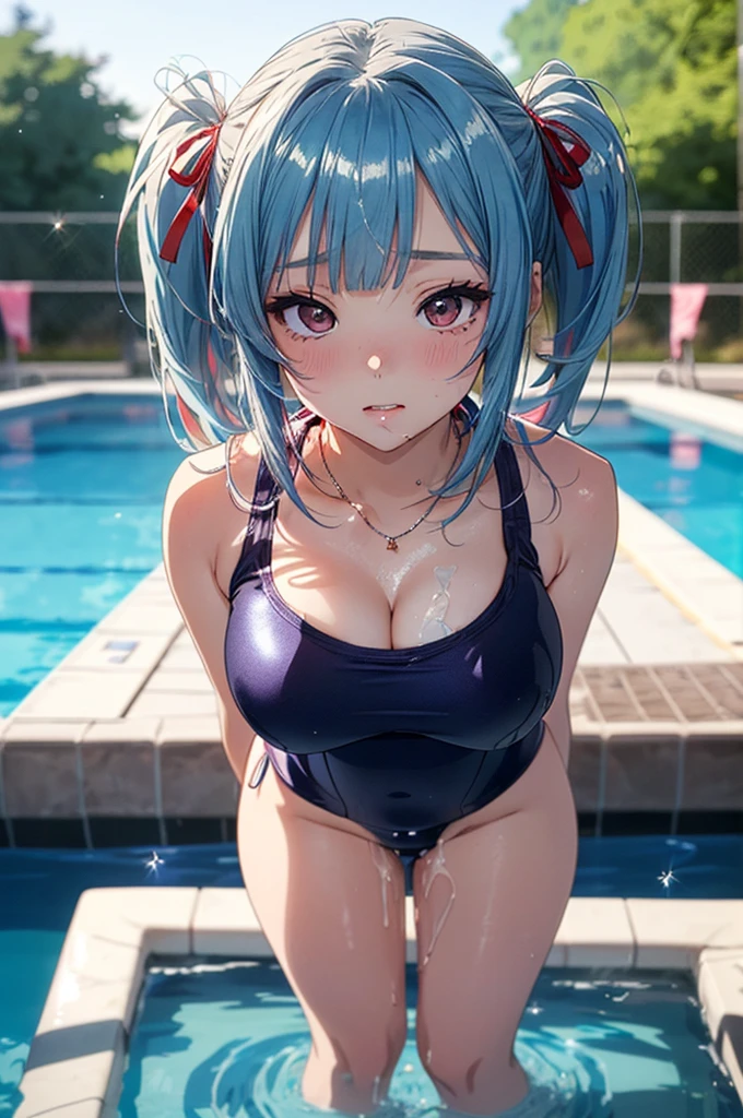 Absurd, Super detailedな,(In 8K:1.3),Masseter muscle area,(masterpiece:1.2)、(Highest quality)、4K、Super detailed、(Movement Structure:1.4)、(Shining Lights、Atmosphere lighting), High resolution, Best Quality、(One girl:1.4),Super detailedな,Bright colors、Treebreak Production Art、(Warm color light source:1.2),High-level image quality、Fine image quality、Intricate details,Volumetric Lighting,Realism BREAK、Profile、 Idol face、、Very beautiful face and eyes, Beautiful images、 natural make up、puffy eyes、catchlight eyes、deep detailed eyes、 (Small breasts)、(glossy skin :1.5), (light blue hair,short hair、blunt bangs、ponytail、wet hair), (Be embarrassed:1.4), (A school swimsuit with a vivid texture:1.3), (super wet skin:1.2) 、(Breast bag)、 (School swimming pool),(Baby Face:1.5)