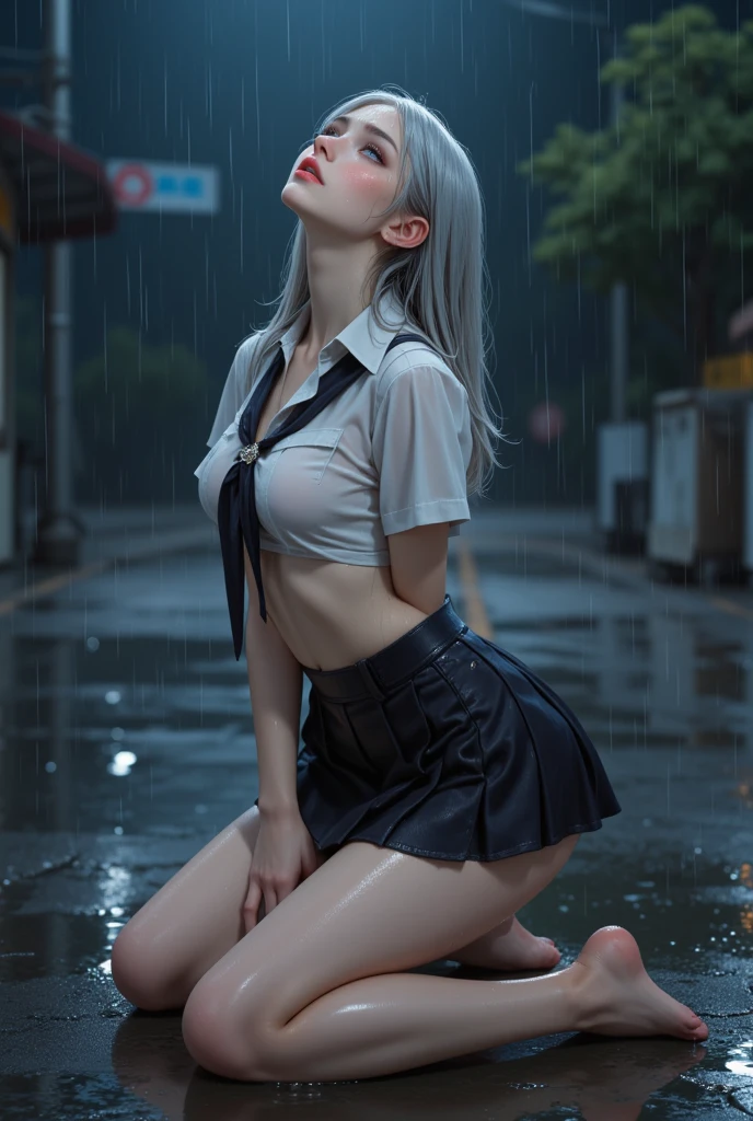 (Cinematic Digital Art: 1.3), High Quality, Tabletop, Top Quality, Highly Detailed, Shaped, [4k Digital Art], India No., (Sharp Focus: 1.5), (Moody Lighting: 1.2) , written border depth, bokeh, 4k, high resolution, highly detailed, highly detailed CG Unity 8k wallpaper, realistic, photorealistic, RAW photo, beautiful and detailed face,realistic glowing skin, high quality fabrics, detailed hair texture, perfect body, beautiful face,anatomically correct, highly detailed face, eyes and skin texture, natural neck length, (beautiful eyes ), (Beautiful hands), (Glowing skin: 1.2),((a park in a torrential downpour:1.2)),((girl is soaked in the rain:1.1)),(baby face girl),(White ash hair:1.2),(droopy eyes,pale purple eyes:1.2),(thin lips:1.2),(Well-built and sexy muscular physique,sexy body),(small breasts:1.3),(White oversized shirt:1.2),((NSFW,spread oversized shirt,show off nipple:1.3)),((lying on the bench:1.4)),(wet hair:1.3),((NSFW,female masturbation,show off pussy:1.4)),((NSFW,spread pussy:1.3))