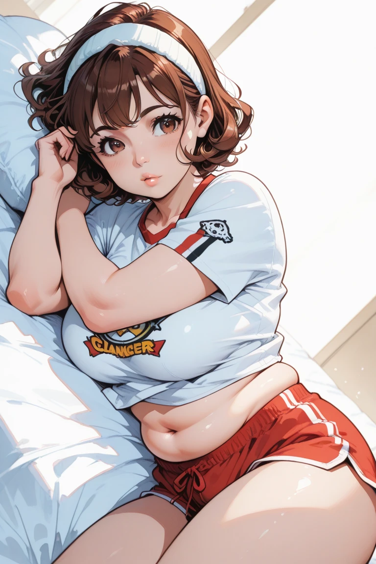 man, watercolor anime, gamer, plump lips, wide, brown eyes, soft features, curly brown hair, band tee, laying on side