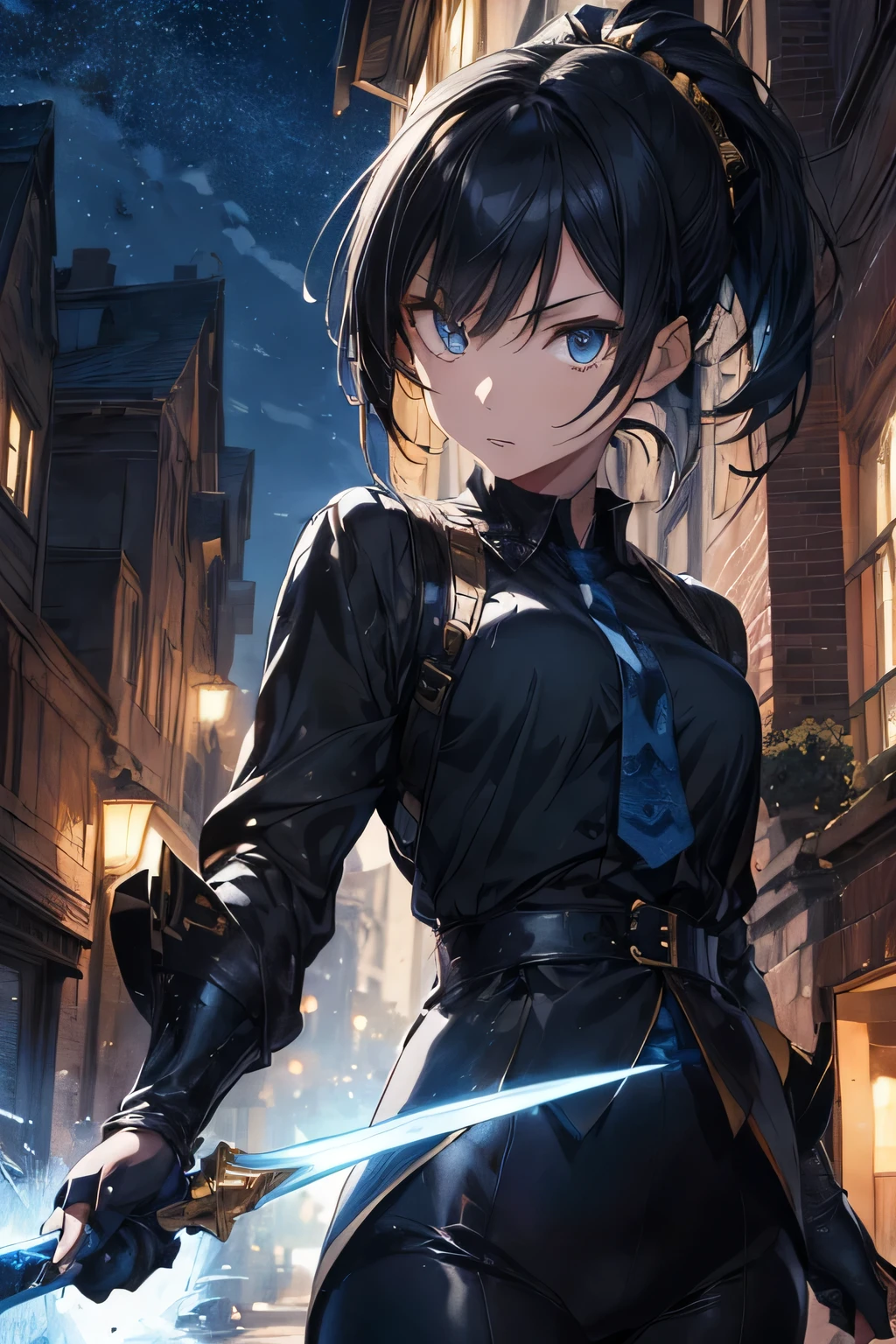 ((best quality)), ((masterpiece)), (detailed), 1 girl,Anime art, short hair girl with high-cut hair, Long Ponytail, black hair, blue eyes, aggressive face, wearing a black suit with gold patterns,Wearing a knight's Wearing knight armor gloves,Holding a blue glowing sword ,mansion background . Blue tie, and black pants.,