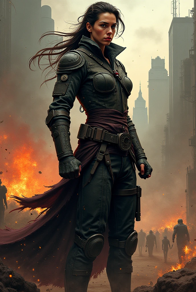 Red head femshep, armor, horror theme, dark art, scary, brutal battlefield