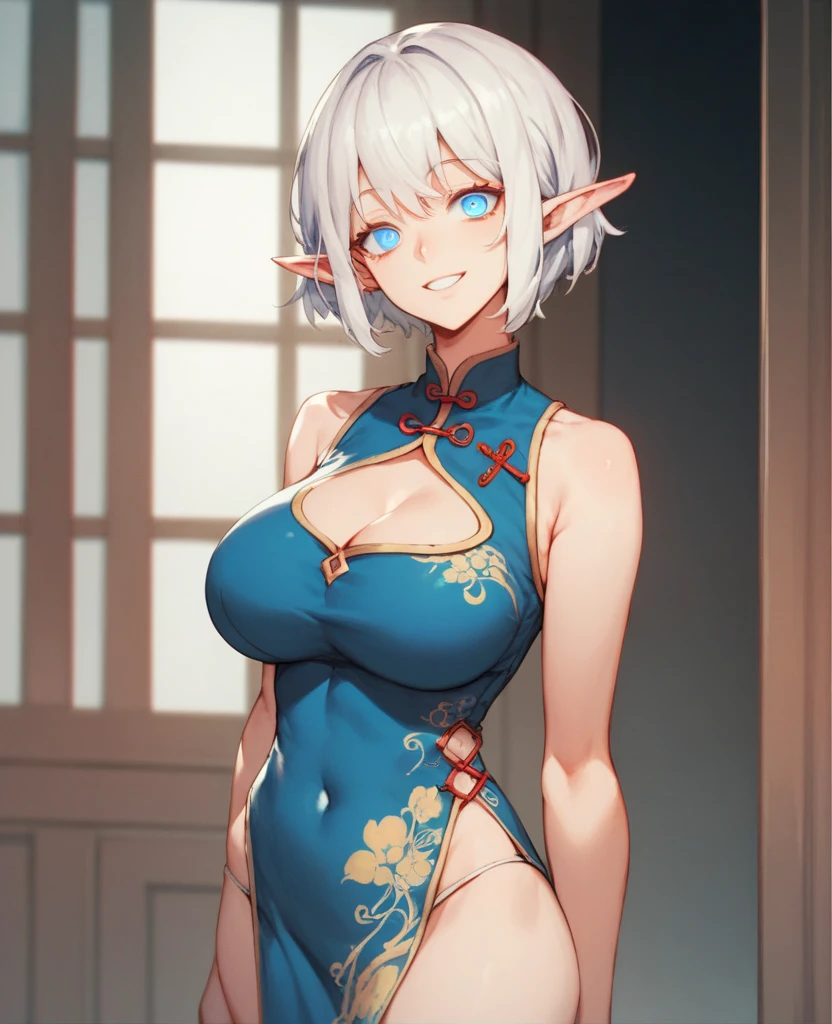 masterpiece,Highest quality,High resolution,Super detailed,courage \(star\),Pointed Ears,lupong hair,Ahoge,Red Hairband,Bare shoulders,China dress,Chinese clothing,Short dress,Cleavage cutout,Side bust,Thighs,hand_upon_Hip,Wrinkles_amount,indoor,