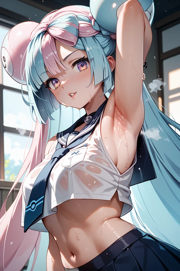 ((best quality)), ((masterpiece)), (detailed), (little ??? girl), (), azur lane, blue hair, (small ??? body), (medium breast), purple eyes, pokeball, perfect lips, thick lips, standing in the middle of a pokemon town outside, absurdly long hair, dark purple hair, white dress, cutout panty, (soft hands), lean forward,