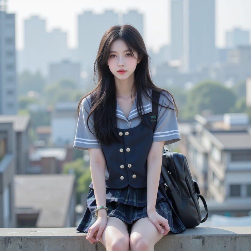 Unbeatable masterpiece, Ultra photo realsisim, Perfect artwork, Intricate details, Best quality, Strong light , High contrast, Dynamic pose, Dutch angle , From above , 1girll , (sitting at top of tower:1.3) , (Blue and white school uniforms:1.1) , Skirt , (Meticulous eye beauty:1.28) , very long wavy hair , (blue-sky:1.1) , Clouds , (Ancient buildings soar into the sky:1.28) , (Wind:1.1) .Blush