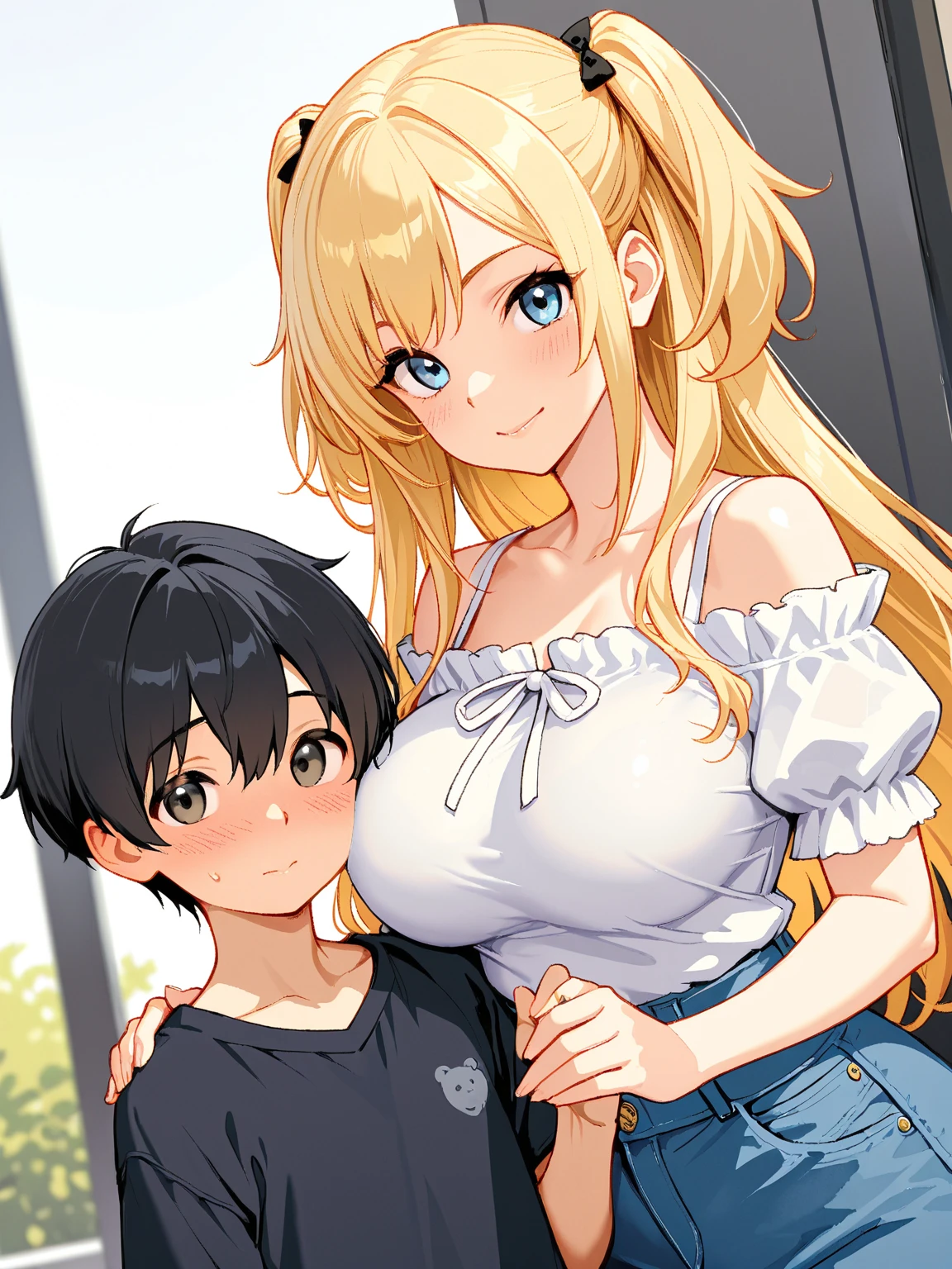 2girls,((2人の女の子))nsfw, gyaru,short cut,,long hair.glamorous, voluptuous, shy, stand,room,((jk,))smiling.