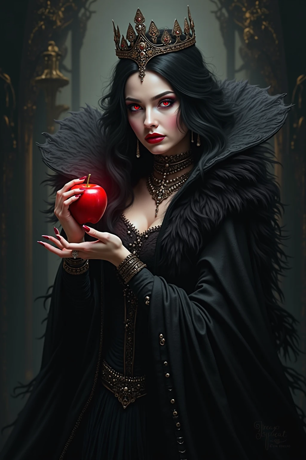 wonderland,Witch with mysterious powers,beautiful,Black hair,Dark Castle,Dead Wood, ((Holding a poisoned apple,Poison Magic)),(Magic mirror),Witch Queen,magic, Fantastic, Fantasy art concept, Intricate details, best quality, masterpiece, Extremely sharp, Surrealism