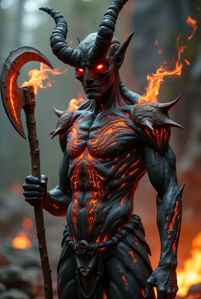 muscular, steel, devil, wrapped in blue flames, skull mask,