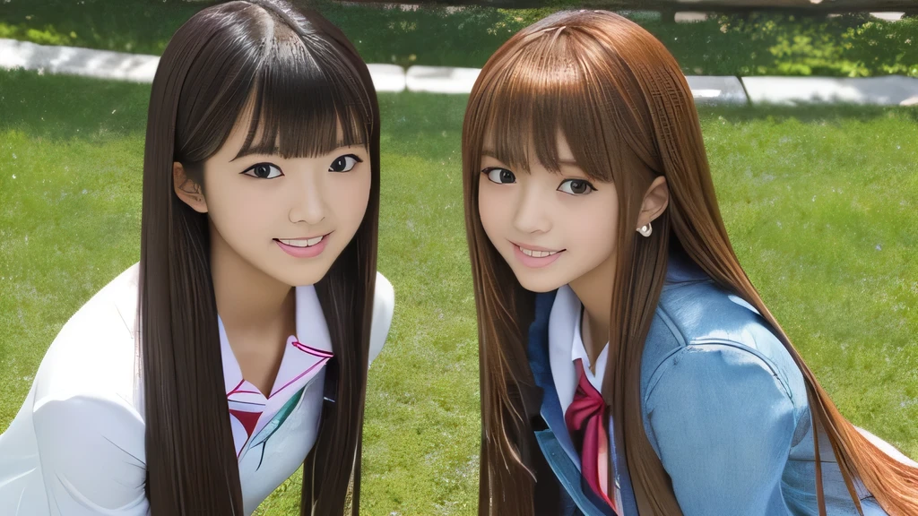 ((2 high school 3rd year girls))(The two are happily chatting to the viewer) 最high quality DVD, high resolution, masterpiece, accurate, anatomically correct, high detail, high image quality model, high quality DVD, very detailed, Ultra High Definition, textured skin, ((Super long free hairstyle that extends to the waist))(Hair color is free),shiny hair, oblique bangs(Her hair is the beauty of the highest quality DVD) (The outline of her face is an inverted triangle)(perfect 3rd grader's face)(Her eyes have Japanese characteristics)( perfect double eyelids)(pretty makeup)(her body is a typical Japanese physique)(Her skin is fine and beautiful)(her skin is healthily tanned:1.4)(red manicure on her perfect hands)(fashionable skirt that high school girls like)(stylish shirt that high school girls like)(photographed at a spring park with beautiful grass)Bloom,