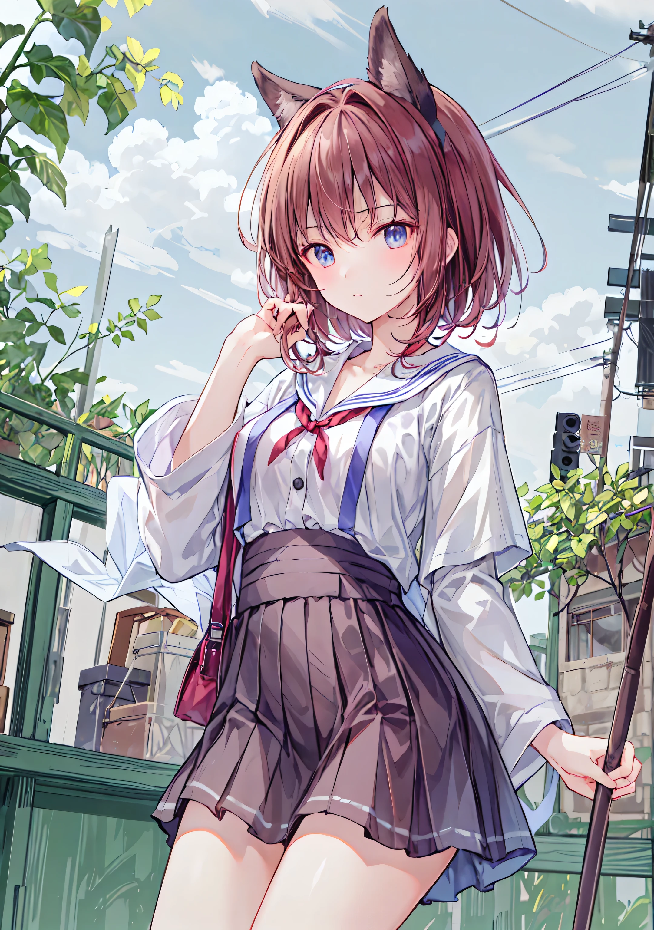 typhoon、heavy rain、In town、Schoolgirl in uniform、Checkered Skirt、Dark Brown Hair、The wind lifts her skirt, revealing her pink panties