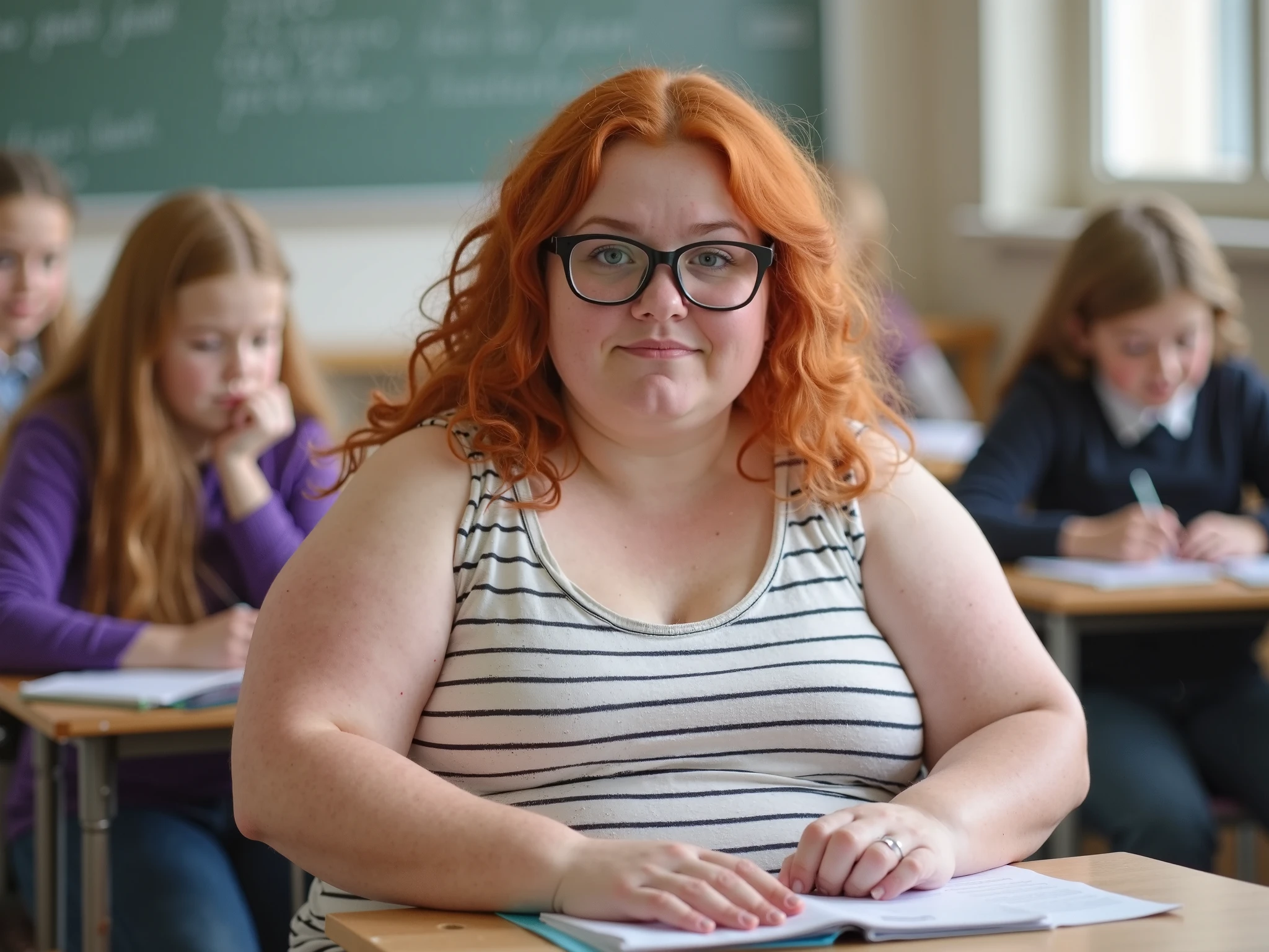 Pink Curly hair pale skin fat glasses woman as teacher standing in classroom