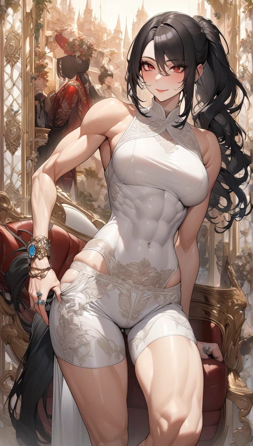 Cartoon fox,girl,beautiful, detailed,realistic,with green pupils,tall,with very long straight black hair,with hyperrealistic fur, realistic fur, two-tone fur, (detailed face), (more details, detailed background: 1.1) in a virgin destroyers sweater, white lace panties, white stockings, elongated, slender, neat fox face, high quality, muscular, pumped up, big breasts, abs cubes, wide pumped hips, big ass, slender hourglass figure, fox red tail, perfect tail position