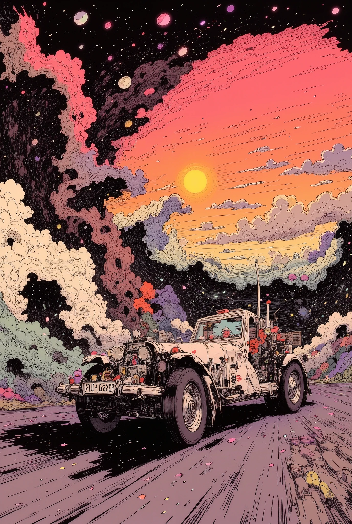 (((dramatic angle))), (close up shot:1.8), high Definition model, high detail, (((The textures are soft))), ((matte and toy-like with a handmade premium look)), (((Tim Burton style))), anime style, simple lines, (intricate details:1.1), cars that run towards the sunset, the road continues into the sunset, waves that clearly understand the ocean, the sky is expressed in gradation, the car is arranged in a position based on the golden ratio, movement, (runing in the wind), (Super Detail), ( Ukiyo-e:1.6), (The background is Wind Tunnel:1.6), (motion blur),