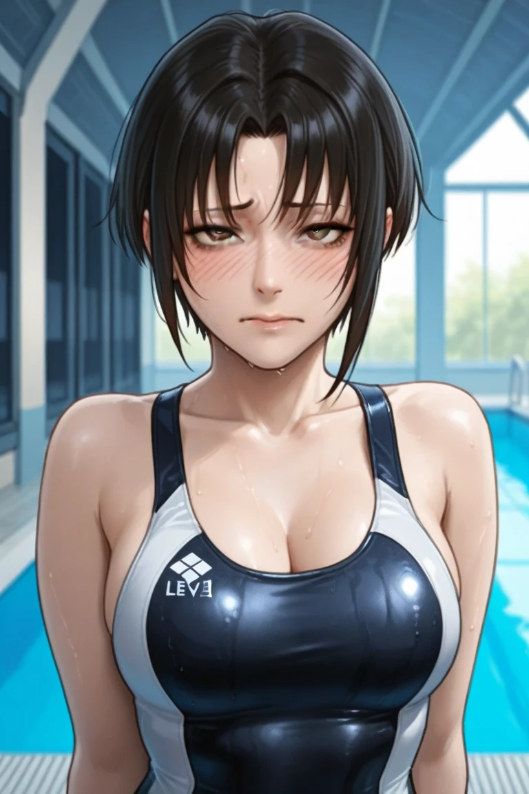 shoot down and up，pat on the back。contempt eyes，Angry and unwilling expression (Glamorous photo of a dedicated female swimmer，Lying on the ground wearing a black race swimsuit，Damp vagina),(Strong expression and commitment to excellence:1.2), Inspired by fierce competition,(((milf))