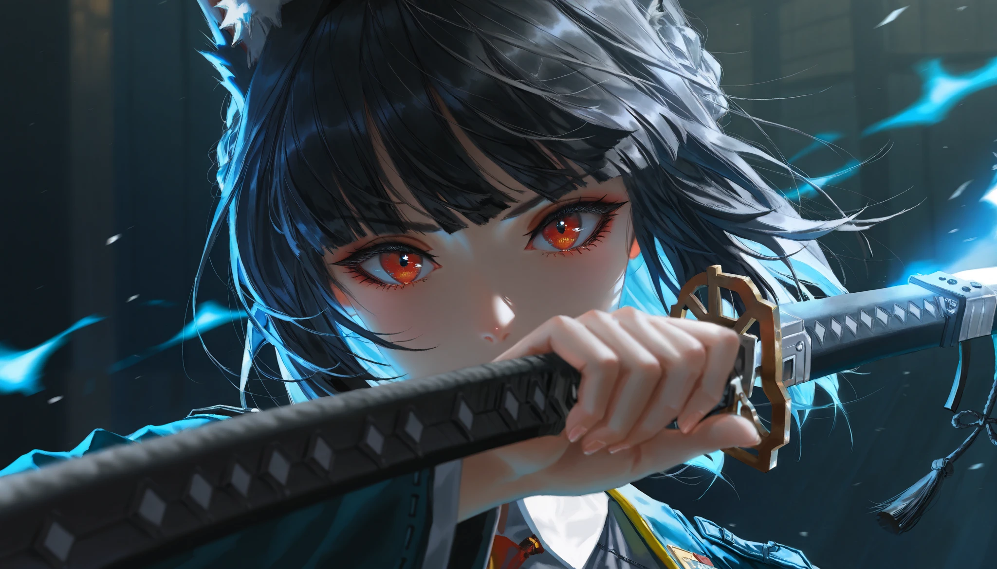 masterpiece, best quality, very aesthetic, absurdres, masterpiece, exquisite quality, highest quality, masterpiece, highest quality, Beautiful woman, whole body, full body shot, Detailed hairstyle, vMature Woman, indoor,(8k,RAW Photos),(Best Quality),(Masterpiece Loose),(Realistic,)(Realistic),(High resolution),Hyper Detail,(Gentle Realism:1.1),Beautiful Face ,High resolution), (8k), (Very detailed), (4K), (Pixiv), Perfect Face, Beautiful eyes and face, (highest quality), (Very detailed), Detailed face and eyes, (alone), Textured skin, absurdes, High resolution, best quality, highres, absurdres, depth of field,(artist:quasarcake:0.8),extreme aesthetic,(wlop:0.6),wanke,relle,wanke,masterpiece,best quality,good quality,newest,year 2024,year 2023,very aesthetic,absurdres,A shot with tension,ultra-high resolution,32K UHD,sharp focus,best quality,masterpiece, Hoshimi Miyabi from Zenless Zone Zero, black hair, red eyes, fox ears on top of head, exact same outfit as the anime, holding her signature sword, straight katana, sword in front of her face, the blade is covering her nose and mouth, close up shot, standing, facing viewer, looking at viewer, calm face, in action, icy blue aura, dark background, zoomed out shot