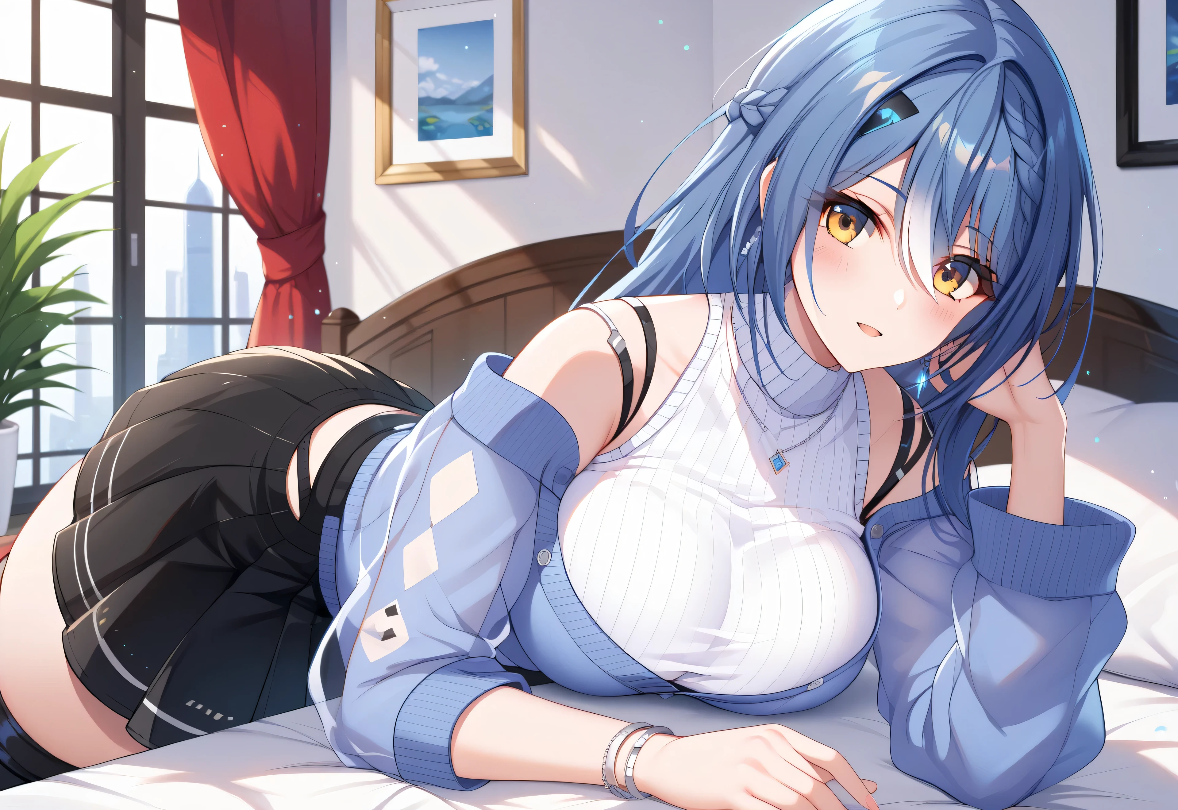 master piece、Best Quality,Super detailed,High resolution,Extremely detailed CG,Unity 8K Wallpaper,weat,score_9, score_8_up, score_7_up, score_6_up, score_5_up, score_4_up, source_anime ,Etra, blue hair, long hair, yellow eyes, white streaked hair, braid, hairclip,Vt_2nd, alt black footwear, alt thigh boots, high heel boots, midriff, suspenders, necklace, earrings, bracelet, sweater, pleated skirt, black skirt, shoulder straps, sleeveless shirt, white shirt, halter shirt, ribbed shirt, turtleneck, cropped jacket, partially unbuttoned, blue jacket, off-shoulder jacket, see-through sleeves, sleeves past elbow, jewelry,, mature female,thick thighs,wide hips,large breasts,,breast press